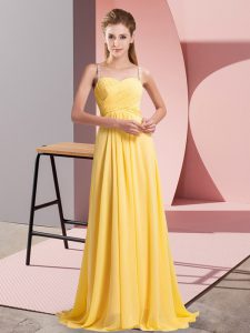 Comfortable Spaghetti Straps Sleeveless Chiffon Prom Evening Gown Ruching Lace Up