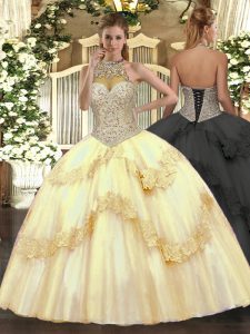 Fancy Gold Halter Top Neckline Beading and Appliques Quinceanera Gowns Sleeveless Lace Up