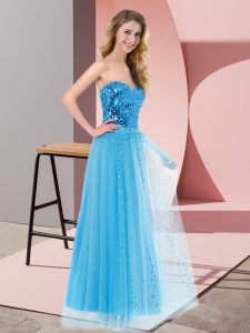 Sleeveless Tulle Floor Length Lace Up Prom Dress in Blue with Sequins