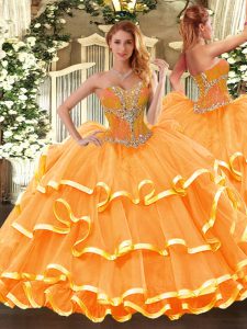 Orange Sleeveless Floor Length Beading and Ruffled Layers Lace Up Quince Ball Gowns