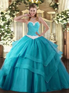 Latest Teal Sleeveless Floor Length Appliques and Ruffled Layers Lace Up Quinceanera Dress
