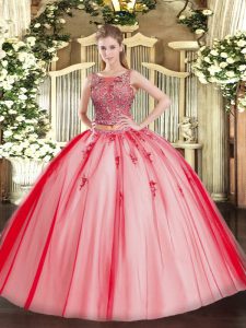 Extravagant Coral Red Two Pieces Tulle Scoop Sleeveless Beading and Appliques Floor Length Lace Up Vestidos de Quinceanera