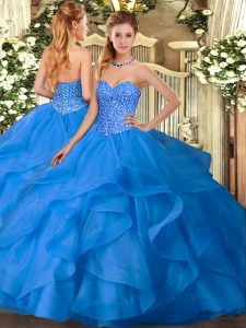 Ball Gowns Quinceanera Gowns Blue Sweetheart Tulle Sleeveless Floor Length Lace Up