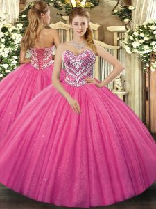 Ideal Floor Length Hot Pink 15 Quinceanera Dress Sweetheart Sleeveless Lace Up