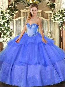 Comfortable Blue Ball Gowns Sweetheart Sleeveless Tulle Floor Length Lace Up Beading and Ruffled Layers Sweet 16 Quinceanera Dress