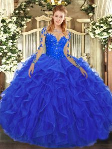 Royal Blue Ball Gowns Tulle Scoop Long Sleeves Lace and Ruffles Floor Length Lace Up Quinceanera Dress
