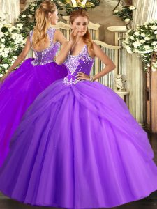 Floor Length Lavender Quinceanera Dress Tulle Sleeveless Beading and Pick Ups