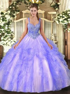Sleeveless Floor Length Beading and Ruffles Lace Up Quinceanera Gowns with Lavender