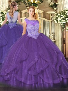Glittering Eggplant Purple Sleeveless Floor Length Beading and Ruffles Lace Up Sweet 16 Dresses