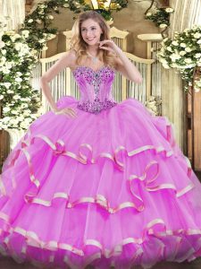 Cute Lilac Sleeveless Floor Length Beading and Ruffles Lace Up Sweet 16 Dresses