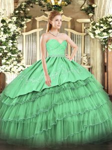 Smart Sweetheart Sleeveless Quinceanera Gowns Floor Length Beading and Lace and Embroidery and Ruffled Layers Green Organza and Taffeta