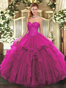 Extravagant Beading and Ruffles Ball Gown Prom Dress Fuchsia Lace Up Sleeveless Floor Length