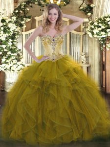 Sleeveless Organza Floor Length Lace Up Sweet 16 Dress in Olive Green with Beading and Ruffles