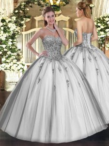 Grey Sleeveless Beading and Appliques Floor Length Ball Gown Prom Dress