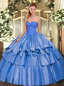 Blue Lace Up Quinceanera Gowns Beading and Ruffled Layers Sleeveless Floor Length