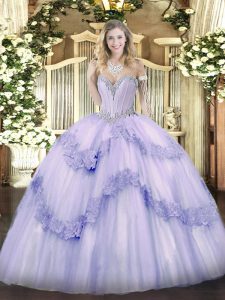 Floor Length Lace Up Quince Ball Gowns Lavender for Military Ball and Sweet 16 and Quinceanera with Beading and Appliques