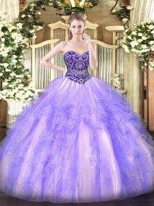 Lavender Sweetheart Lace Up Beading and Ruffles 15th Birthday Dress Sleeveless