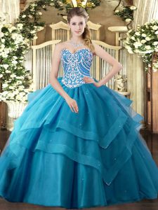 Teal Tulle Lace Up Sweetheart Sleeveless Floor Length Vestidos de Quinceanera Beading and Ruffled Layers