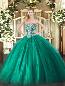 Affordable Sleeveless Tulle Floor Length Lace Up 15th Birthday Dress in Turquoise with Beading