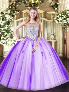 Lavender Sleeveless Beading and Appliques Floor Length Sweet 16 Dress