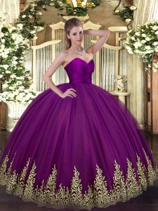 Excellent Floor Length Zipper Vestidos de Quinceanera Purple for Military Ball and Sweet 16 and Quinceanera with Appliques