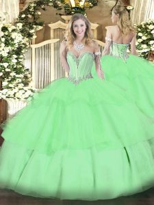 Apple Green Tulle Lace Up Quinceanera Dresses Sleeveless Floor Length Beading and Ruffled Layers
