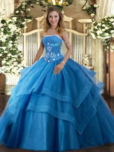 Admirable Baby Blue Ball Gowns Beading and Ruffled Layers Vestidos de Quinceanera Lace Up Tulle Sleeveless Floor Length