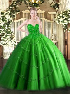 Comfortable Floor Length Lace Up Sweet 16 Dress Green for Military Ball and Sweet 16 and Quinceanera with Appliques