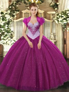 Fuchsia Lace Up Sweetheart Beading and Sequins Vestidos de Quinceanera Tulle Sleeveless