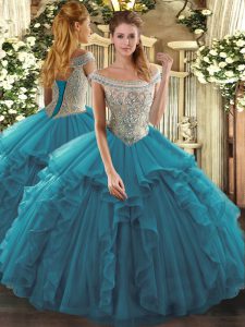 Cute Floor Length Teal Quinceanera Gown Tulle Sleeveless Beading and Ruffles