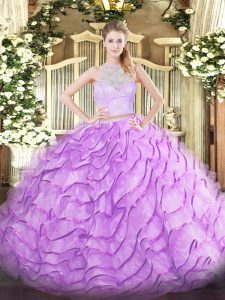Zipper Ball Gown Prom Dress Lilac for Military Ball and Sweet 16 and Quinceanera with Lace and Ruffles Brush Train