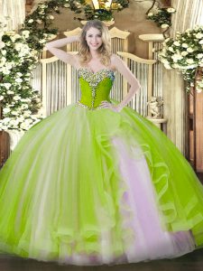 Tulle Sweetheart Sleeveless Lace Up Beading and Ruffles Quinceanera Gowns in Yellow Green