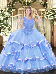 Affordable Organza Scoop Sleeveless Zipper Beading and Ruffled Layers 15th Birthday Dress in Baby Blue