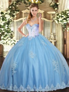 Glittering Aqua Blue Ball Gowns Beading and Appliques Sweet 16 Dresses Lace Up Tulle Sleeveless Floor Length