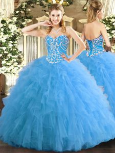 Tulle Sweetheart Sleeveless Lace Up Beading and Ruffles Quinceanera Gown in Aqua Blue