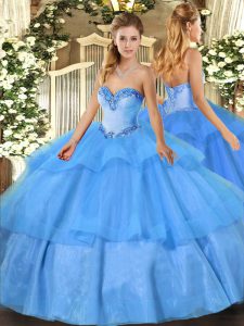 Sweetheart Sleeveless Vestidos de Quinceanera Floor Length Beading and Ruffled Layers Baby Blue Tulle