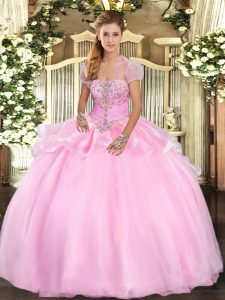 Fancy Strapless Sleeveless Quinceanera Dresses Floor Length Appliques Baby Pink Organza