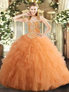 Floor Length Orange Quinceanera Gowns Tulle Sleeveless Beading and Ruffles