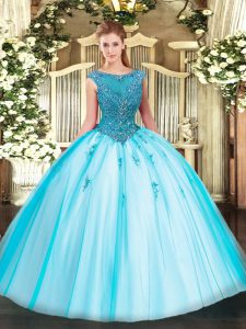 High End Scoop Cap Sleeves Tulle Ball Gown Prom Dress Beading and Appliques Zipper