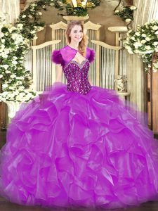 Hot Sale Sweetheart Sleeveless Lace Up Quince Ball Gowns Fuchsia Organza