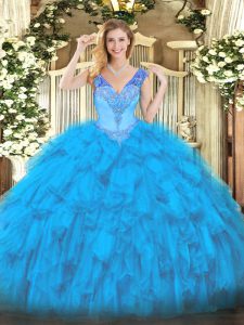 Baby Blue Organza Lace Up V-neck Sleeveless Floor Length Quinceanera Dresses Beading and Ruffles