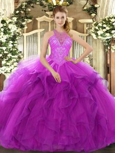 High End High-neck Sleeveless Lace Up Quince Ball Gowns Fuchsia Organza