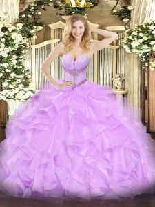 Beautiful Sleeveless Organza Floor Length Lace Up Quinceanera Gowns in Lavender with Beading and Ruffles
