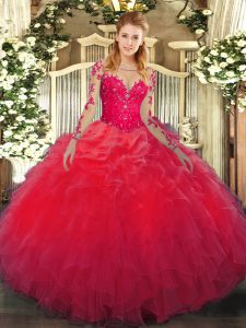 Long Sleeves Lace Up Floor Length Lace and Ruffles Sweet 16 Dress