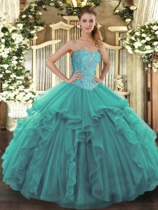 Glittering Sleeveless Tulle Floor Length Lace Up Quince Ball Gowns in Turquoise with Beading and Ruffles