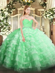 Sexy Apple Green Sweet 16 Dresses Military Ball and Sweet 16 and Quinceanera with Beading and Lace and Ruffled Layers Sweetheart Sleeveless Zipper