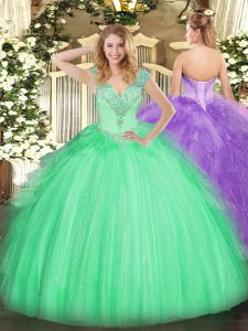 Hot Selling Apple Green Sleeveless Beading Floor Length 15 Quinceanera Dress