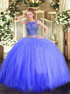 Dynamic Scoop Sleeveless Sweet 16 Quinceanera Dress Floor Length Beading Blue Tulle