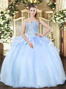 Glamorous Organza Sweetheart Sleeveless Lace Up Beading Vestidos de Quinceanera in Light Blue