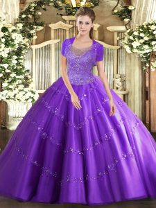 Vintage Sleeveless Floor Length Beading and Appliques Clasp Handle 15th Birthday Dress with Lavender